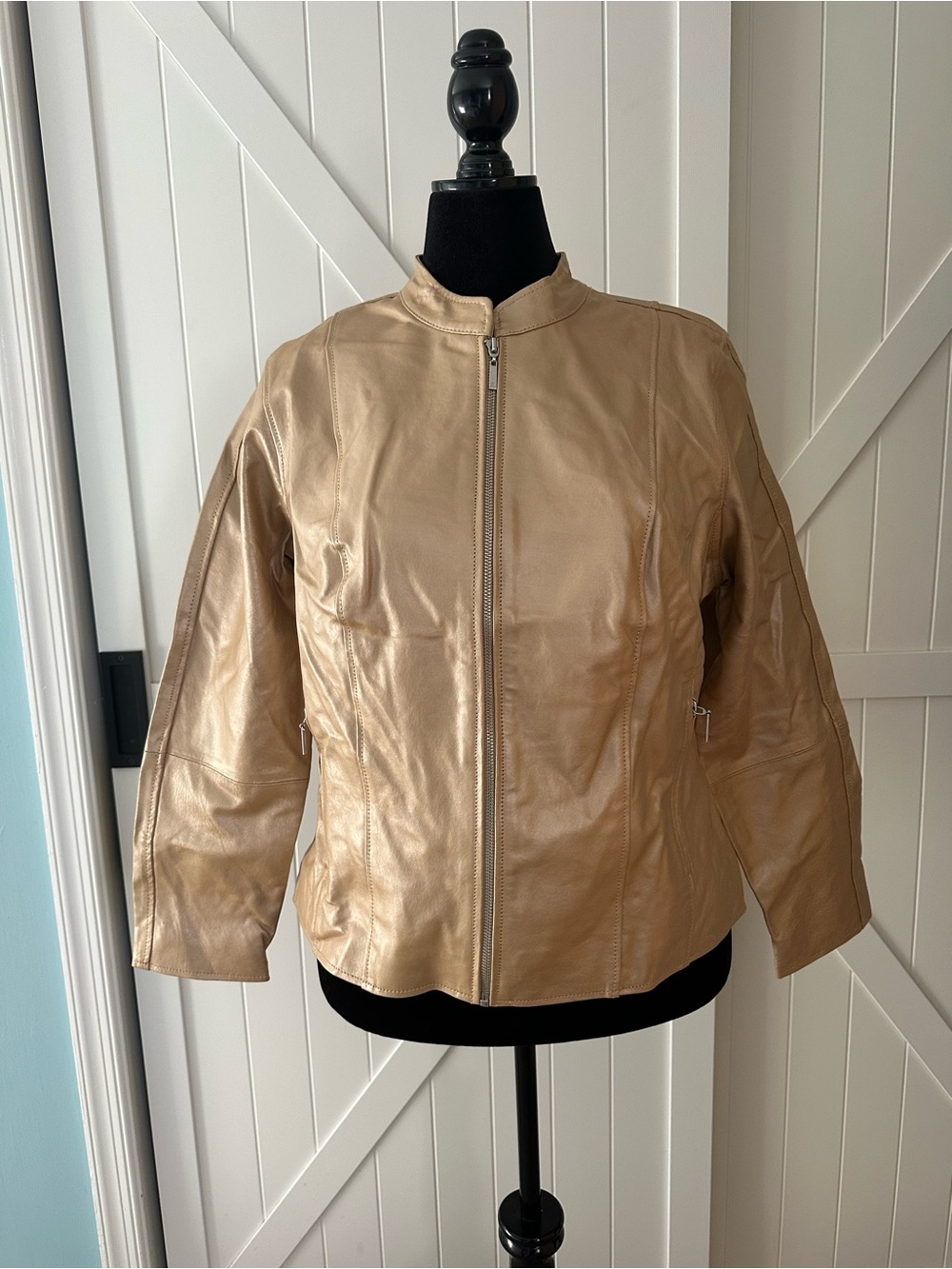 Jessica London Genuine Leather Gold Metallic Moto Jacket 16W NWT